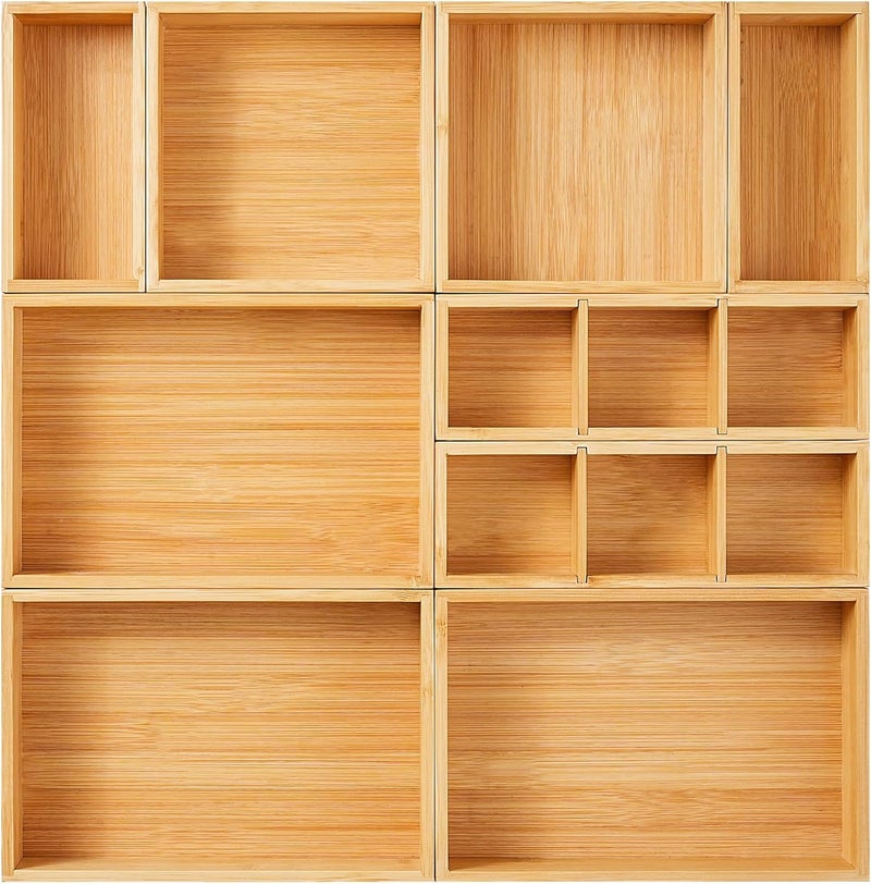 Fabsome Drawer Organizer, Set of 9 Bamboo Wood Kitchen Makeup Desk Junk Tea Drawer Storage Boxes Bins for Cutlery Silverware Utensils Flatware, Small Wooden Container Tray for Bathroom, Office - Image 1